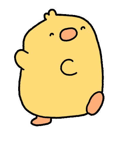 Sticker gif. Pudgy yellow chick dancing happily.
