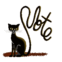 Illustrated gif. Slender black cat with stick-straight whiskers blinks at us, their unworldly long tail twisted a cursive message that reads, "Vote."