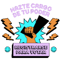 Digital art gif. Hand holds a large black checkmark in front of a spinning starburst surrounded by gold lightning bolts against a transparent background. Text above reads, “Hazte cargo de tu poder.” Two spinning happy face emojis flank the text, “Registrarse para votar.”