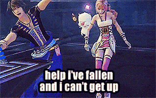 Video game gif. Two characters from Final Fantasy tumble to the ground. Text, "Help I've fallen and I can't get up."