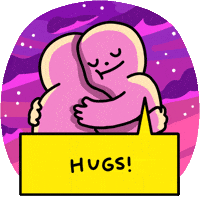 Cartoon gif. Two simple figures in a sweet embrace. One closes its eyes contently with a speech bubble that says, "Hugs."