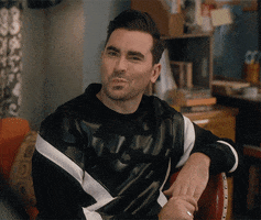 Schitt’s Creek gif. Dan Levy as David Rose has a cheeky smirk on his face and says, “I’m sorry. Is that a soft yet affirmative indication that you miss me?”