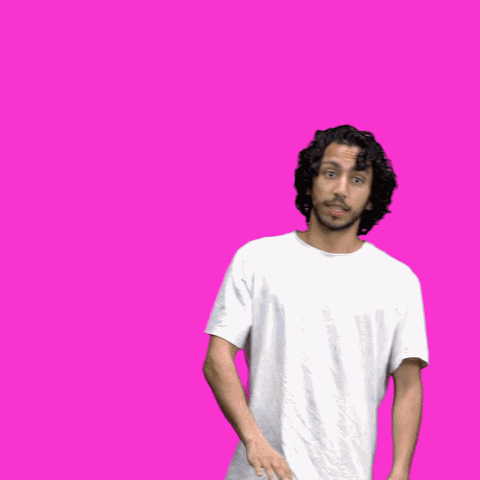 Digital art gif. Man with shaggy curly hair walks into a neon pink background, dramatically waves bye, eyes wide, leaving a trail of digital paint in an arc above his head that reads "Bye 2022," immediately leaving from whence he came.