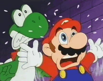 Cartoon gif. Mario and Yoshi on Super Mario Brothers Super Show look past us in terror as Mario waves his arms wildly.