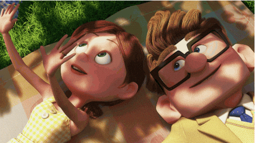 up, carl e a esposa deitados numa toalha de picnic conversando, Como se diz “amor à primeira vista” em inglês