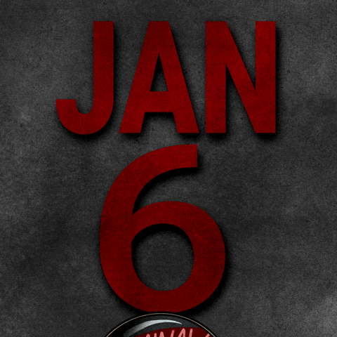 Digital art gif. The words “Jan 6” lie over a gray background as a magnifying glass emerges and inspects the letters, revealing the words “Criminal Conspiracy.”