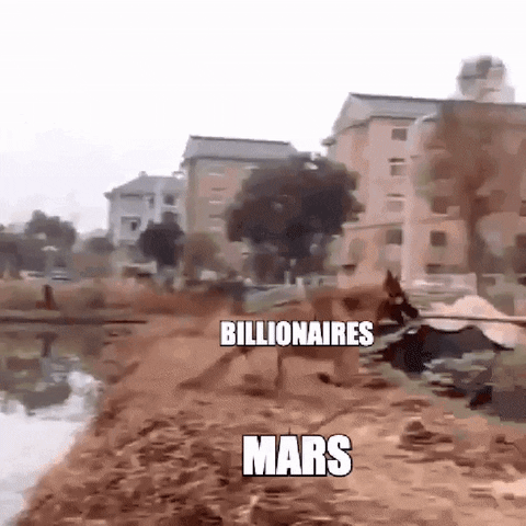 Meme gif. German Shepherd dog bounds toward a wide river and leaps easily across it to the other side. The dog is labeled "billionaires," the first riverbank is labeled "polluted Earth," and the second riverbank is labeled "Mars."