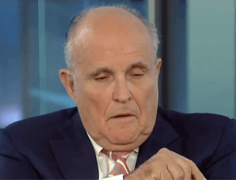 Political gif. Rudy Giuliani looks down and then his eyes open up really wide, lifting his eyebrows up as he says, “wow.”