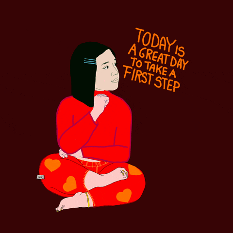 Digital art gif. Cartoon of a young woman wearing a red shirt and red jeans with orange hearts on them sits cross-legged, her fist propped under her chin thoughtfully. Text next to her head reads, "Today is a great day to take a first step," all against a deep red background.