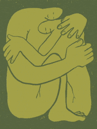Illustrated gif. Two giant green beings are curled up together and embrace each other tenderly. Hearts fly out from their bodies as their fingers and toes twitch in comfort.