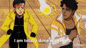 TV gif. A scene from the animated TV show "X-Men 97" shows Jubilee and Sunspot running as explosions trail them. Sunspot looks over his shoulder to look at Jubilee as she says "I am totally done with malls." 