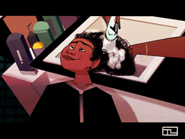 Cartoon gif. A content Black woman smiles and leans back into a salon sink while another character washes her natural hair.