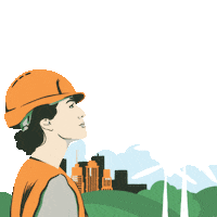 Illustrated gif. Person wearing an orange hard hat and vest gazes past a spinning wind turbine. Green hills separate them from an orange and black city skyline in front of a transparent background. Text, "The American Rescue Plan put U.S. back on track."