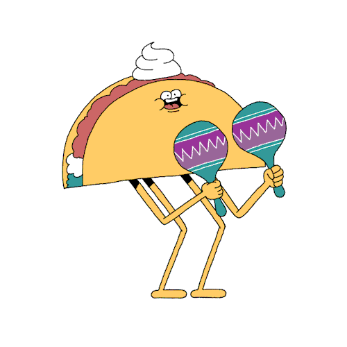 Illustrated gif. Smiling hard-shell taco dances and shakes a pair of maracas.