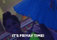 Video gif. A smiling young woman opens a parasol with a shimmy. Text, "It's Fri-yay time!"