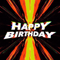 Text gif. Above a backdrop of exploding colors reads the message, “Happy birthday.”