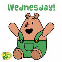 Cartoon gif. Pants Bear raises his arms excitedly and a red heart pops in front of his chest and floats up above his head. Text, "Wednesday!"
