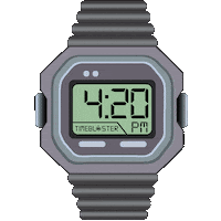 Sticker gif. Digital Timex watch pages through time until it lands on 4:20 PM.