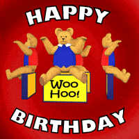 Digital art gif. Teddy bears in red and blue shirts sit on blocks that read “Woo hoo!” Text, “Happy Birthday.”