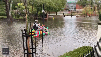 Man Rides Inflatable Rhinoceros Down Flooded Annapolis Street