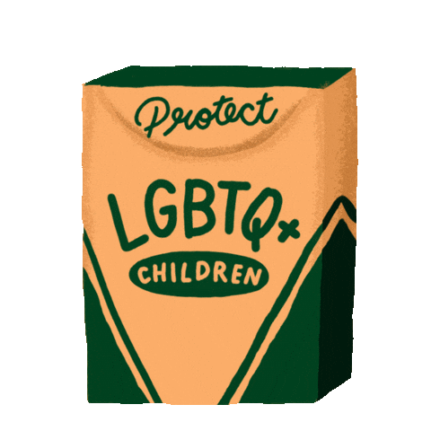 Digital art gif. Box of crayons labeled “Protect LGBTQ+ Children” against a transparent background pops open, revealing a yellow, red, blue, green, and purple fist pumping enthusiastically into the air.