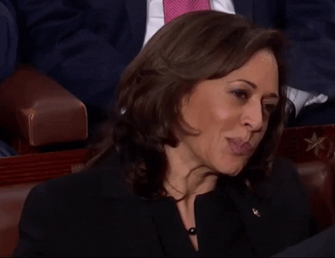 Political gif. Kamala Harris sitting in a chair at the State of Union, looking incredibly annoyed and incredulous. She's obviously displeased, as she purses her lips and shakes her head, not agreeing with what she's hearing.