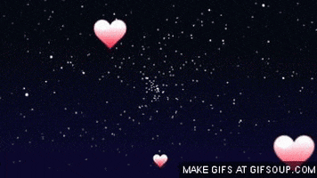 Cartoon gif. Light pink hearts float and fade against a vast, starry night sky.