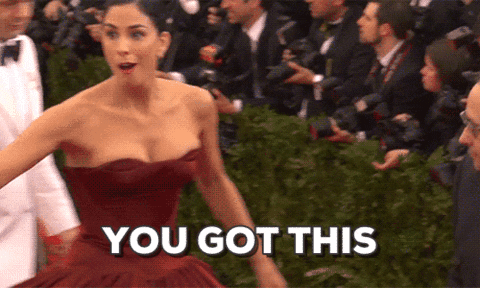 Celebrity gif. An excited Sarah Silverman on the red carpet points and smiles. Text, “You got this.”