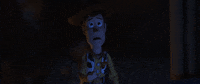 Disney gif. We zoom in on Woody from Toy Story as he holds a hand up and pleads for us to stop, eyes wide.