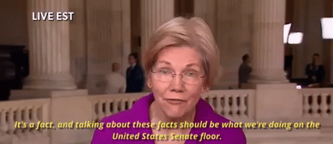 Political gif. Elizabeth Warren in an interview saying, "It's a fact, and talking about these facts should be what we're doing on the United States Senate floor."