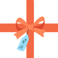 Digital art gif. Animation of a hand pulling and unraveling a red bow with a gift tag that says "to me," revealing blue text that says "My prevention is a gift to me."