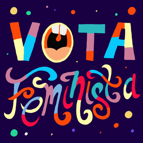 Digital art gif. Stylized colorful text surrounded by dancing colorful dots against a navy blue background reads, “Vote Feminist.” The “O” in vote opens to reveal a yelling mouth.