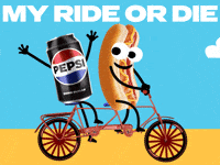 Sponsored gif. Can of Pepsi and a smiling hotdog ride on a two-seater bicycle on a sunny day. Text reads, “My ride or die.”