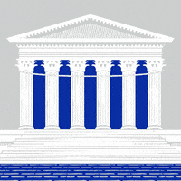 Illustrated gif. The Marble Palace on a gray and cobalt background, a banner unfurls down its columns. Text, "Learn about Ohio's Supreme Court candidates at guides-dot-vote."