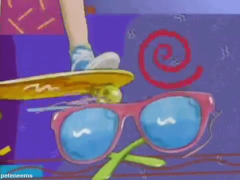 Digital art gif. Person rides a skateboard above floating sunglasses against shifting radical 90s patterns.