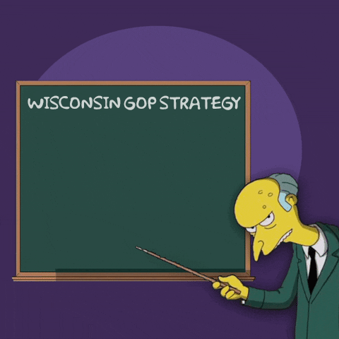 Simpsons gif. Mr. Burns from The Simpsons uses a pointer directing us toward each article in a list on a chalkboard, which reads, "Wisconsin GOP Strategy, 1 Refuse to pay workers fairly, 2 Allow the rich to avoid paying taxes, 3 Ignore education public safety and women's rights."