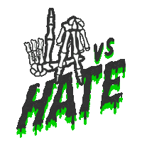 Digital art gif. Skeletal hands using their fingers to form an L and A together, above an oozing black font dripping neon green that completes the phrase which reads, "LA vs Hate."