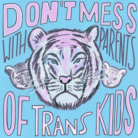 Illustrated gif. Face of a lioness with pastel pink and blue highlights growls between the faces of two lion cubs. Text on a baby blue background," Don't mess with parents of trans kids."