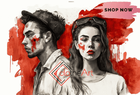 Animated image of man and woman with clotheARt logo on a red and white background