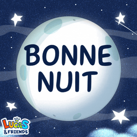 Digital art gif. Smiling gray moon spins in the night sky revealing text behind it that reads, "Bonne nuit."
