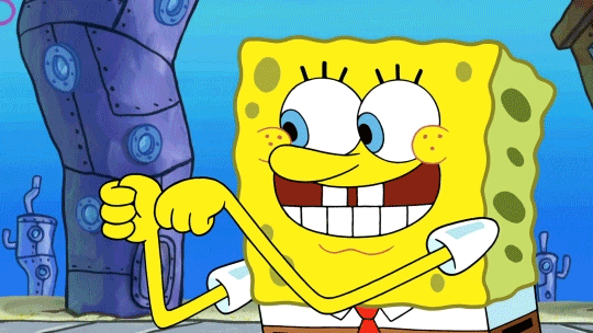 SpongeBob gif. SpongeBob pretends to crank his fist like a jack-in-the-box, and his thumb rises and pops out for a thumbs up. He then gestures to his thumb like