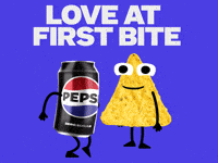 Sponsored gif. Can of Pepsi leans in and kisses a smiling corn chip. Hearts and the word “smooch” float around them. Text reads, “Love at first bite.”