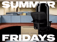 Sponsored gif. Can of Pepsi spins in a rolling chair in an office cubicle. Colorful starbursts appear behind the can and it suddenly appears in an outdoor scene before plopping down onto a lounge chair next to a grill. Text reads, “Summer Fridays.”