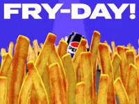 Sponsored gif. Can of Pepsi jumps up and plays air guitar for a crowd of excited French fries that surrounds it. Text reads, “Fry-day!”