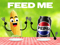 Sponsored gif. Can of Pepsi and a smiling ear of corn aggressively slam their cutlery against a picnic table. The plates in front of them are empty. Text reads, “Feed me.”