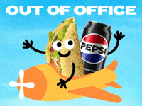 Sponsored gif. Can of Pepsi and a fill pita pocket wave while flying in a small plane. Text reads, “Out of office.”