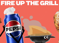 Sponsored gif. Can of Pepsi wearing a chef’s hat leads a conga line that includes a chicken wing and a fired up grill. Text reads, “Fire up the grill.”