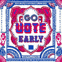Digital art gif. Intricate batik-style pattern like a sari, with blue and magenta details, including hands and checkmarks and ballot boxes. Elaborate text reads, "Go vote early."