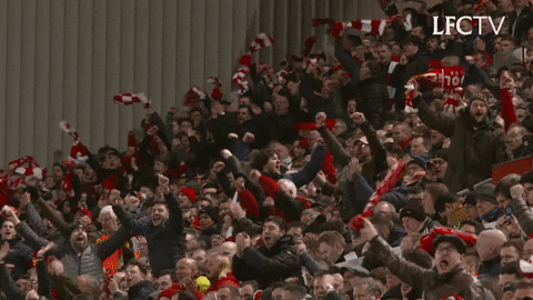 Video gif. Fans of the Liverpool Football Club stand up and cheer.