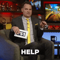 Sports gif. Jay Onrait on Fox Sports Live, frowns holding his arms up uselessly at his sides like a t-rex, flopping his hands around, as he mimes dribbling a basketball with one hand. 